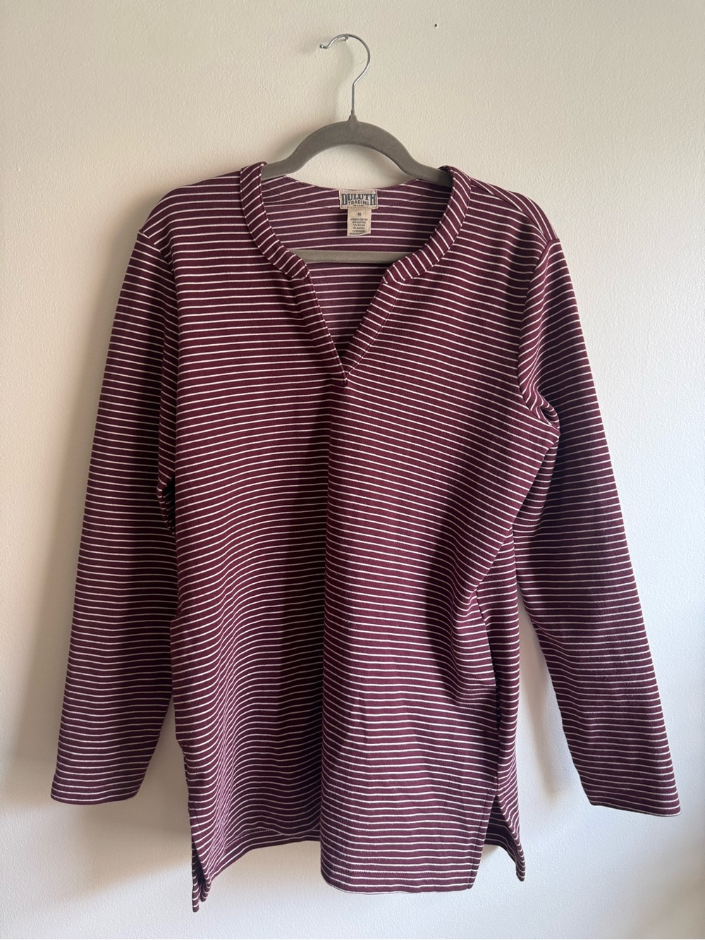 Duluth Trading Co Maroon & White Striped V-Neck Top